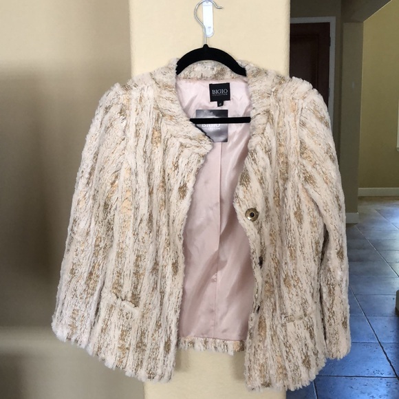 Bigio Collection Vegan Fur Jacket Beige Gold 8 - Picture 5 of 15